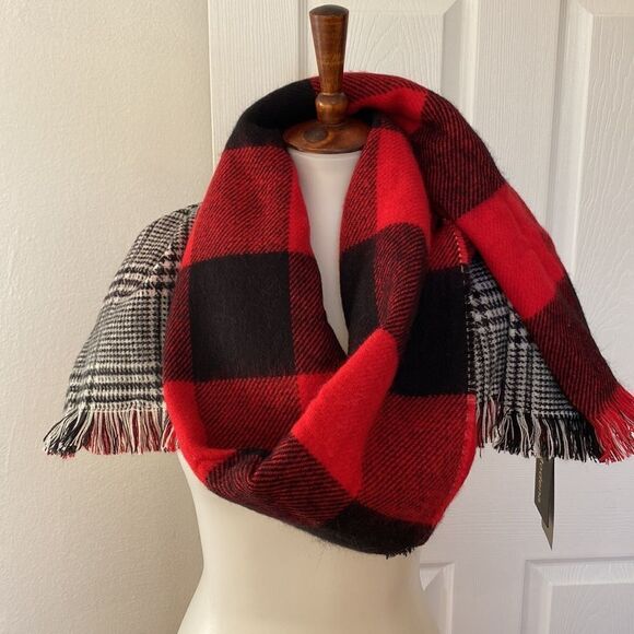 New Modena Plaid Fringe Red Gray Blanket Scarf - Picture 4 of 5